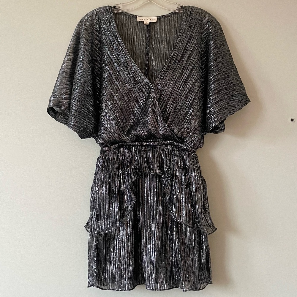 glittery silver ruffle mini dress with built in slip